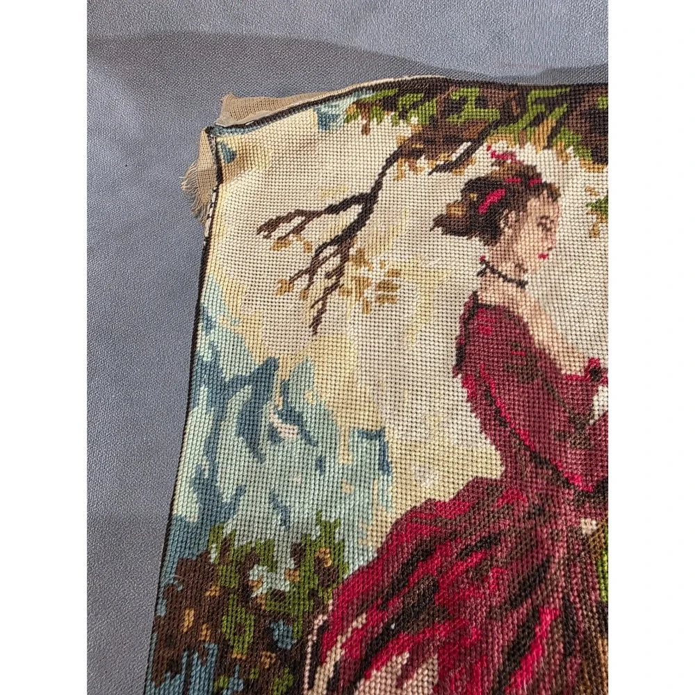Vintage Greek Needlepoint Tapestry Victorian Woman Red Dress Textile Art 48x33